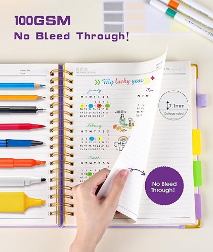 Miniatura 5 de Cuaderno en espiral de tapa dura con pestañas divisorias extraíbles, 300 páginas de cuero de 5 materias, cuaderno universitario con rayas