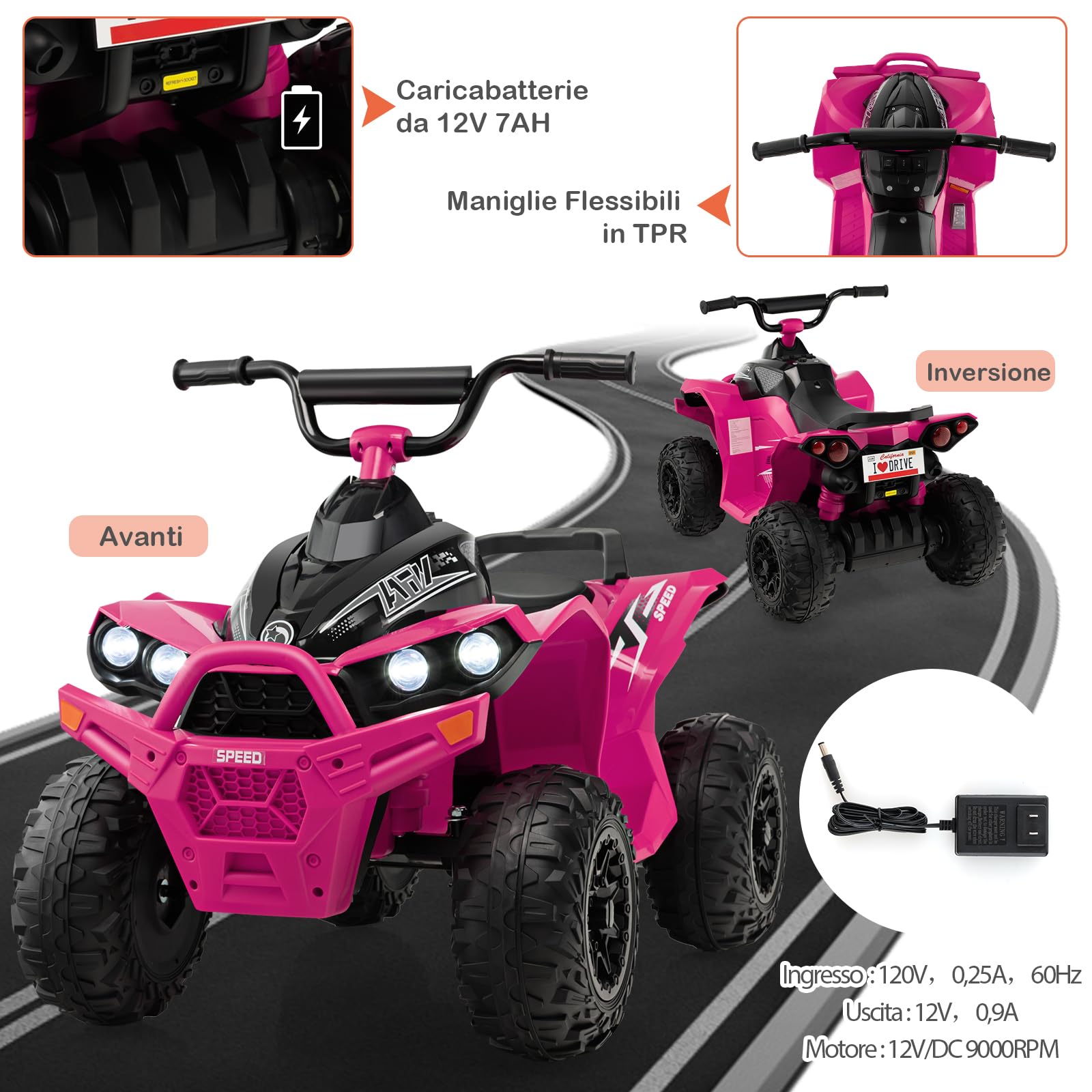 GYMAX Quad Elettrico per Bambini 12V, ATV Batteria con Velocità Alta/Bassa, Avanti/Indietro, Clacson, Musica, Fari a LED, Quadriciclo Motorizzato Giocattolo per Ragazzi dai 3 agli 8 Anni (Rosa)