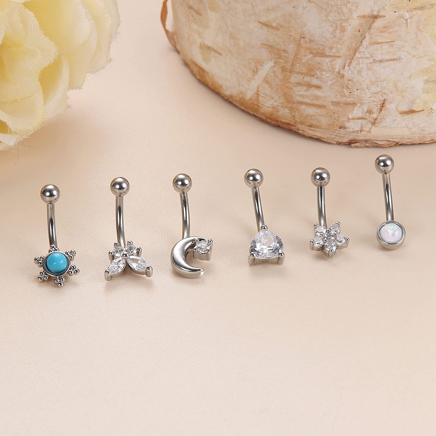 LOLIAS 12 sztuk kolczyków 16 G Rook Daith Curved Barbell ze stali nierdzewnej dla kobiet, piercing tragus, brwi, kolczyk do ciała, kolczyk typu banan, zestaw biżuterii 6-8 mm, 1.2 mm, Stal nierdzewna
