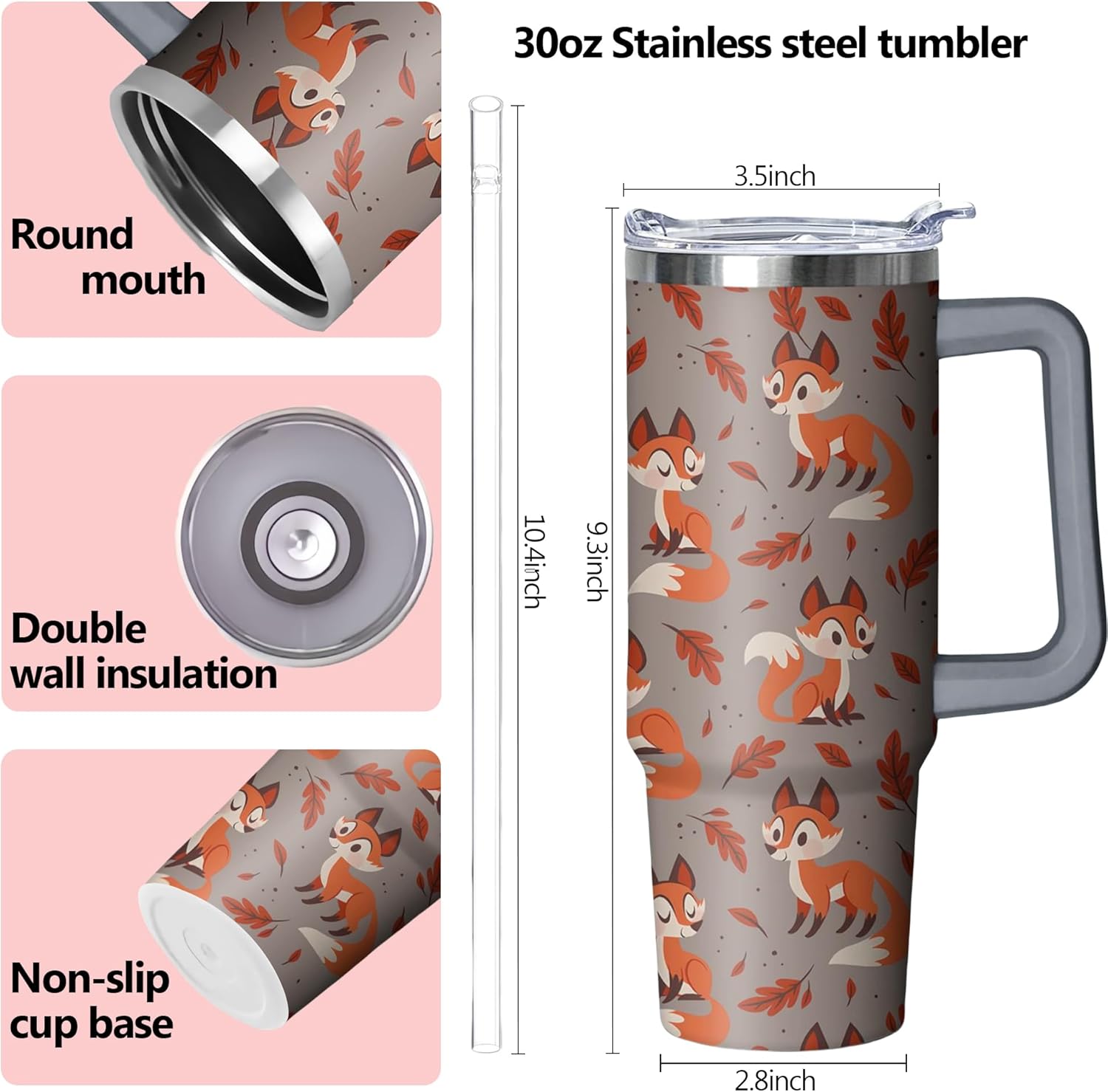 30 oz Fox Tumbler with Handle and Straw, Insulated Stainless Steel Cup with Lid, Travel Coffee Mug Water Bottle, Gifts for Woman Animal Lovers - Image 2