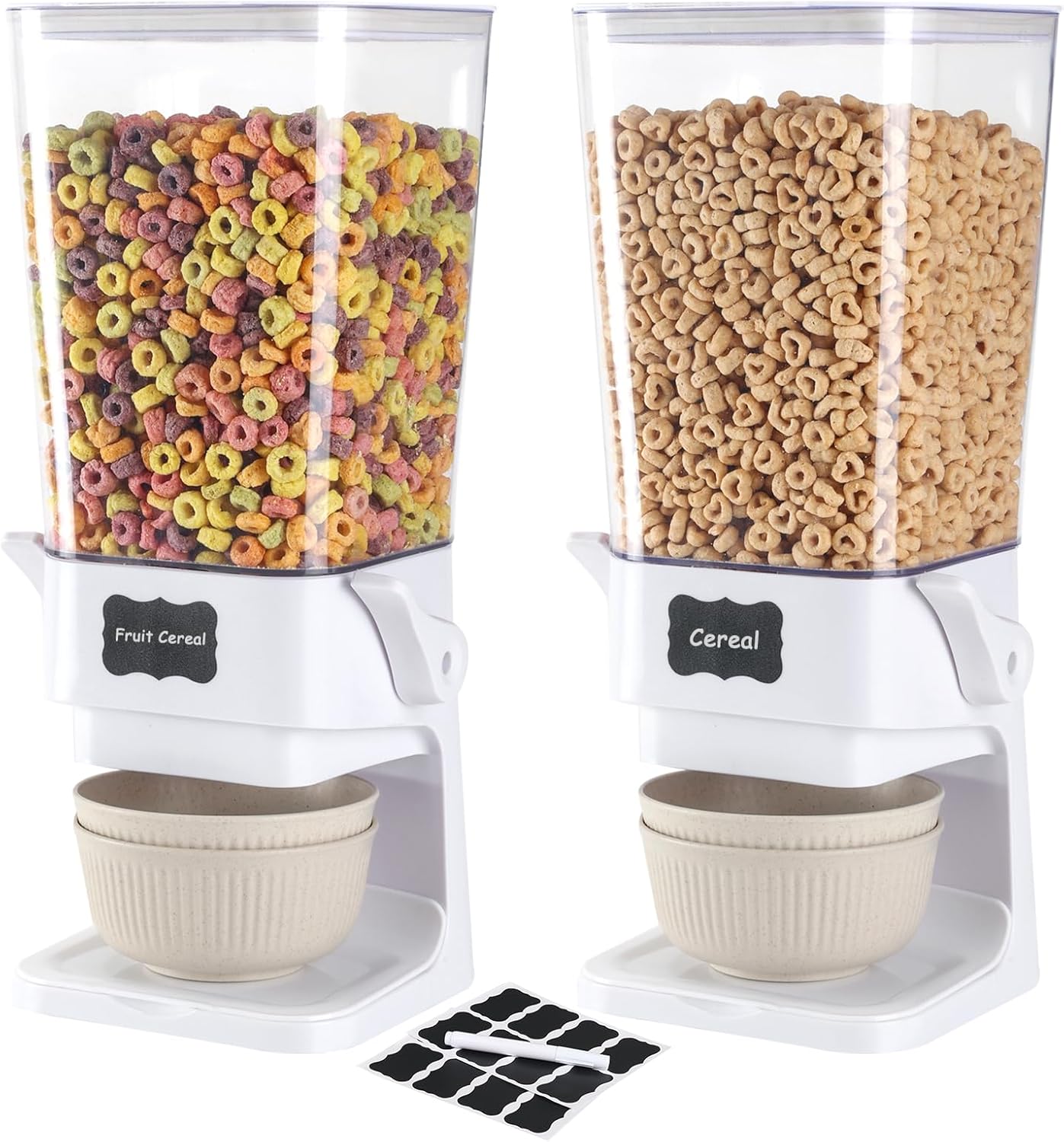 Cereal Dispenser Countertop with Cereal Bowls,16 Labels & Pen, Cereal Containers Storage, Candy Dispenser, Dry Food Dispenser For Pantry - Not Easy to Crush Food (Black, 2 Pack)