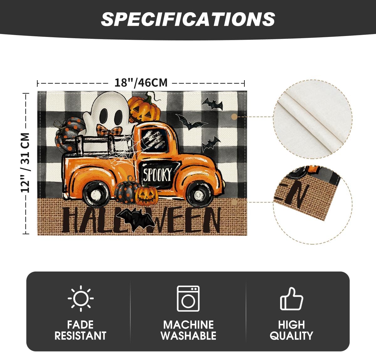 Artoid Mode Buffalo Plaid Bat Ghost Truck Spooky Halloween Placemats Set of 4, 12x18 Inch Seasonal Table Mats for Party Kitchen Dining Decoration