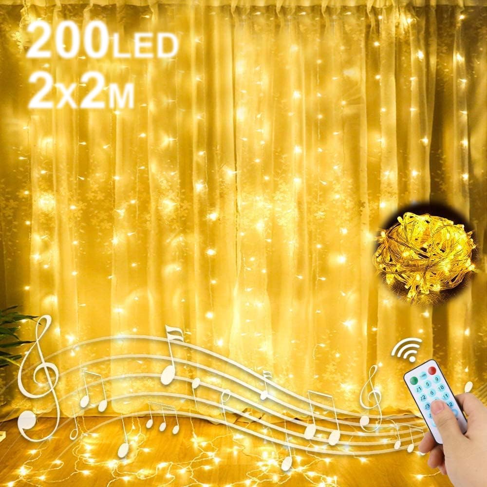 GAOUTO Cortina de Iluminacion LED de 2 m x 2 m: 200 ledes USB, IP44, resistente al agua, con 8 modos de luz y mando a distancia, temporizador, decoración interior para fiestas, Navidad, bodas