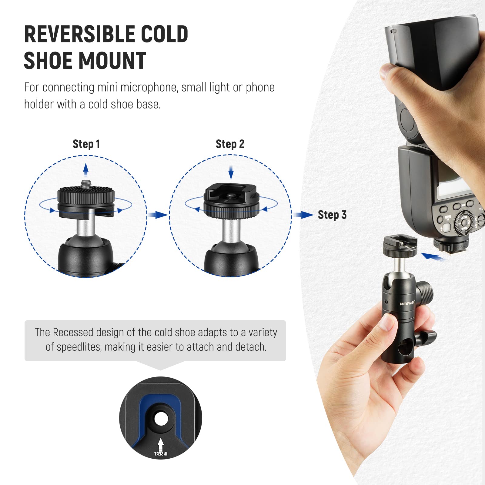 NEEWER Adaptateur Fixation pour Pied d'éclairage avec Griffe Porte-Accessoires&Mini rotule à vis 1/4",Compatible avec Les Pieds d'éclairage à tête Plate, Charge maximale 10 kg (22 LB)