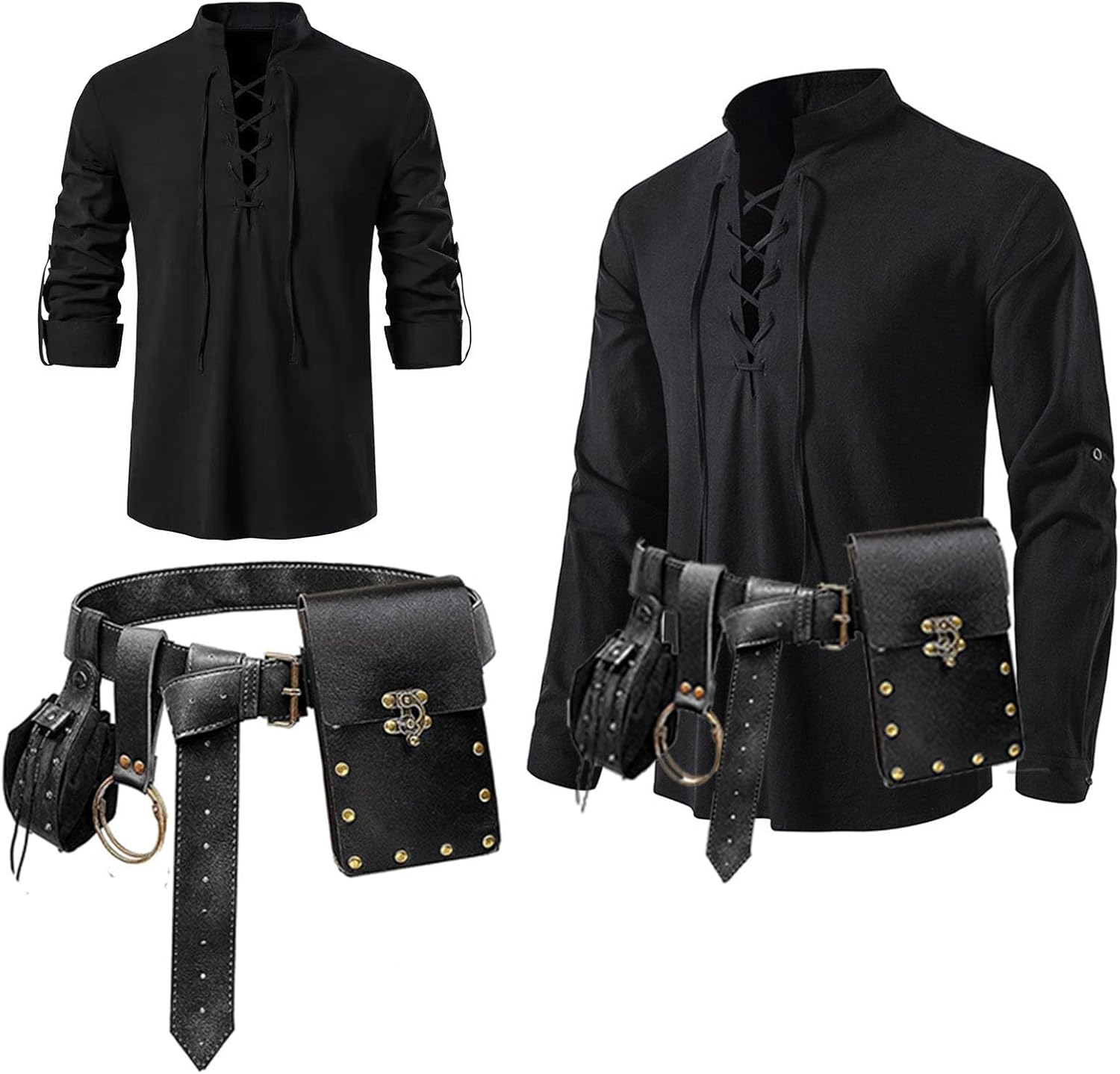 5 Pcs Halloween Mens Renaissance Costume Set Medieval Pirate Shirt Tops Belt Pouch Coin Bag Hook Steampunk Festival Accessory