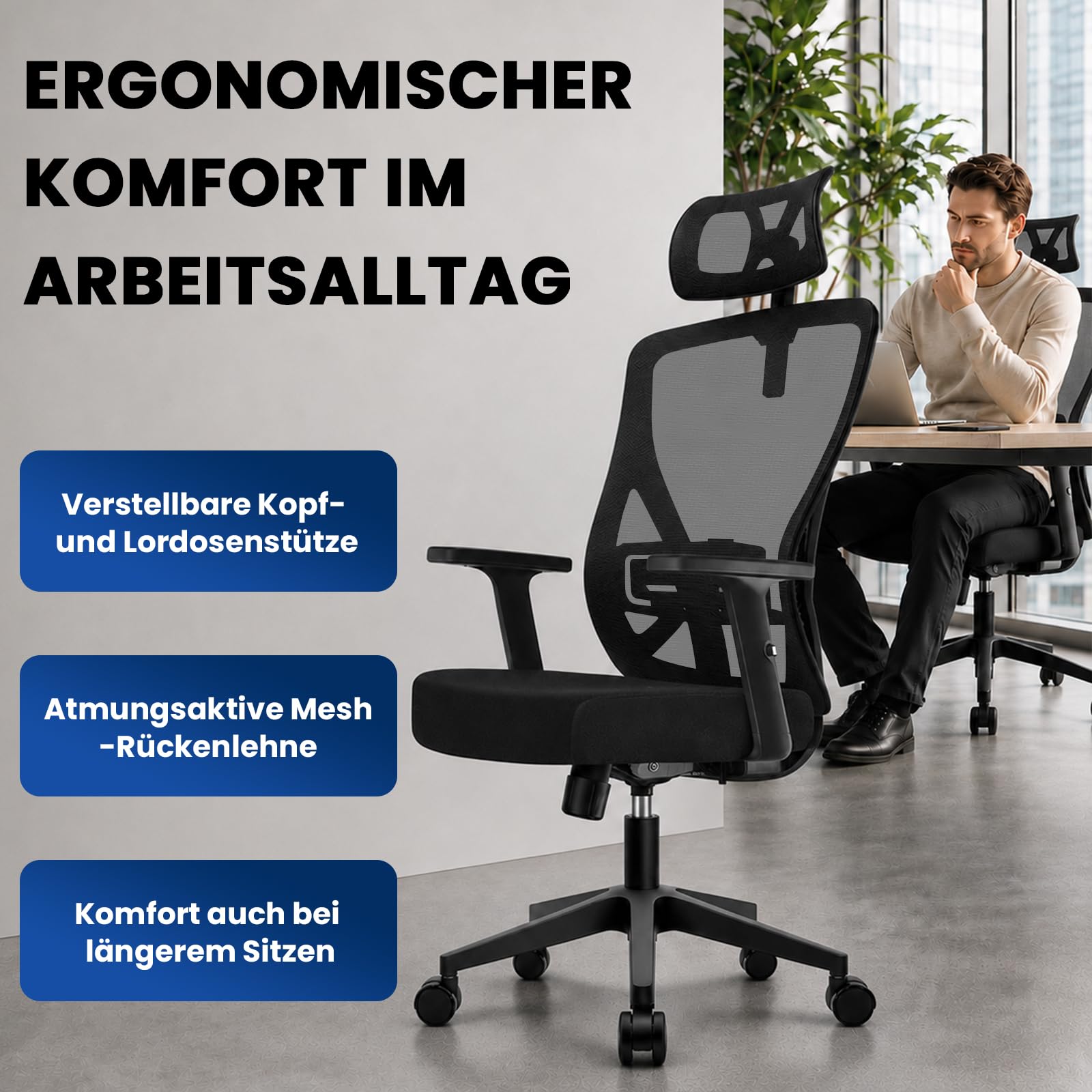 Bürostuhl ergonomisch, Schreibtischstuhl mit Kopfstütze, Lordosenstütze und höhenverstellbaren Armlehnen, Drehstuhl mit 90°-130° Wippfunktion, Netzstuhl bis 150 kg für Homeoffice