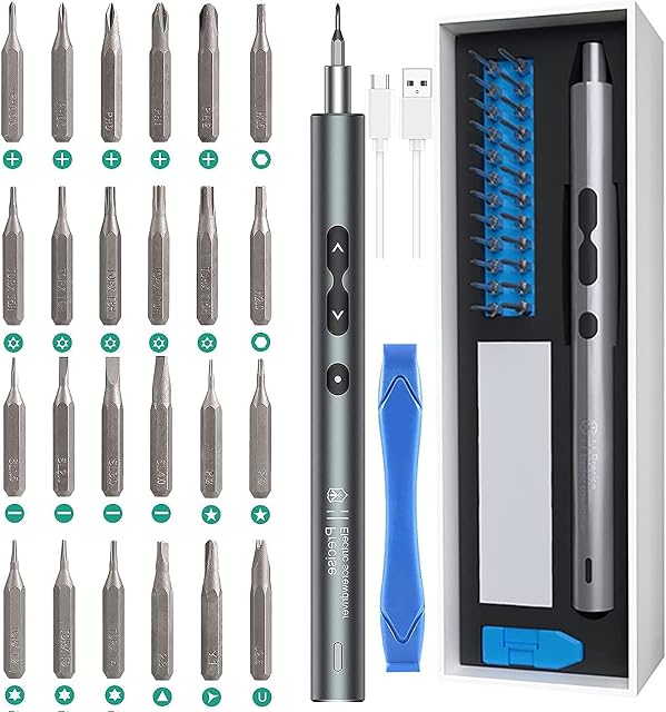 Newest Ankilo Mini Electric Screwdriver, 28 in 1 Rechargeable Portable Power Screwdriver Set with 24 Precision S2 Bits 3 LED Light Repair Tool for Phone Watch Camera Laptop Toys