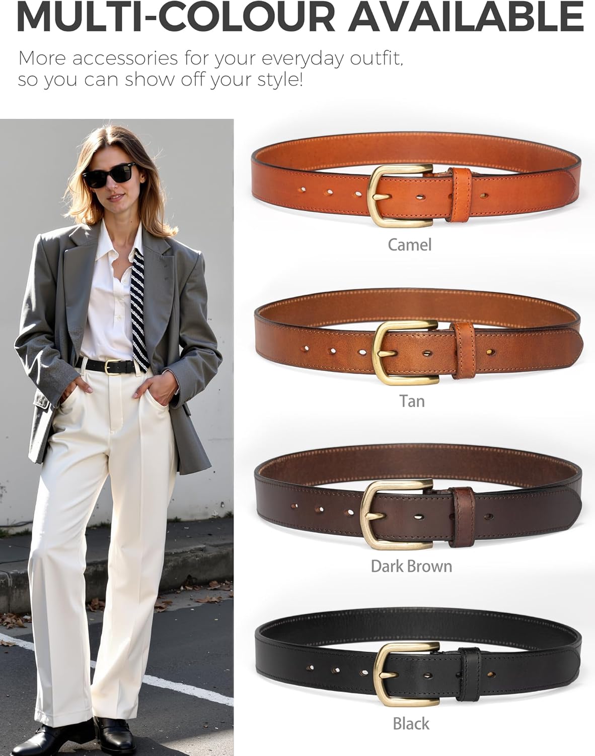 1.3‘' Womens Leather Belt for Jeans Pants with Gold Buckle - Image 6
