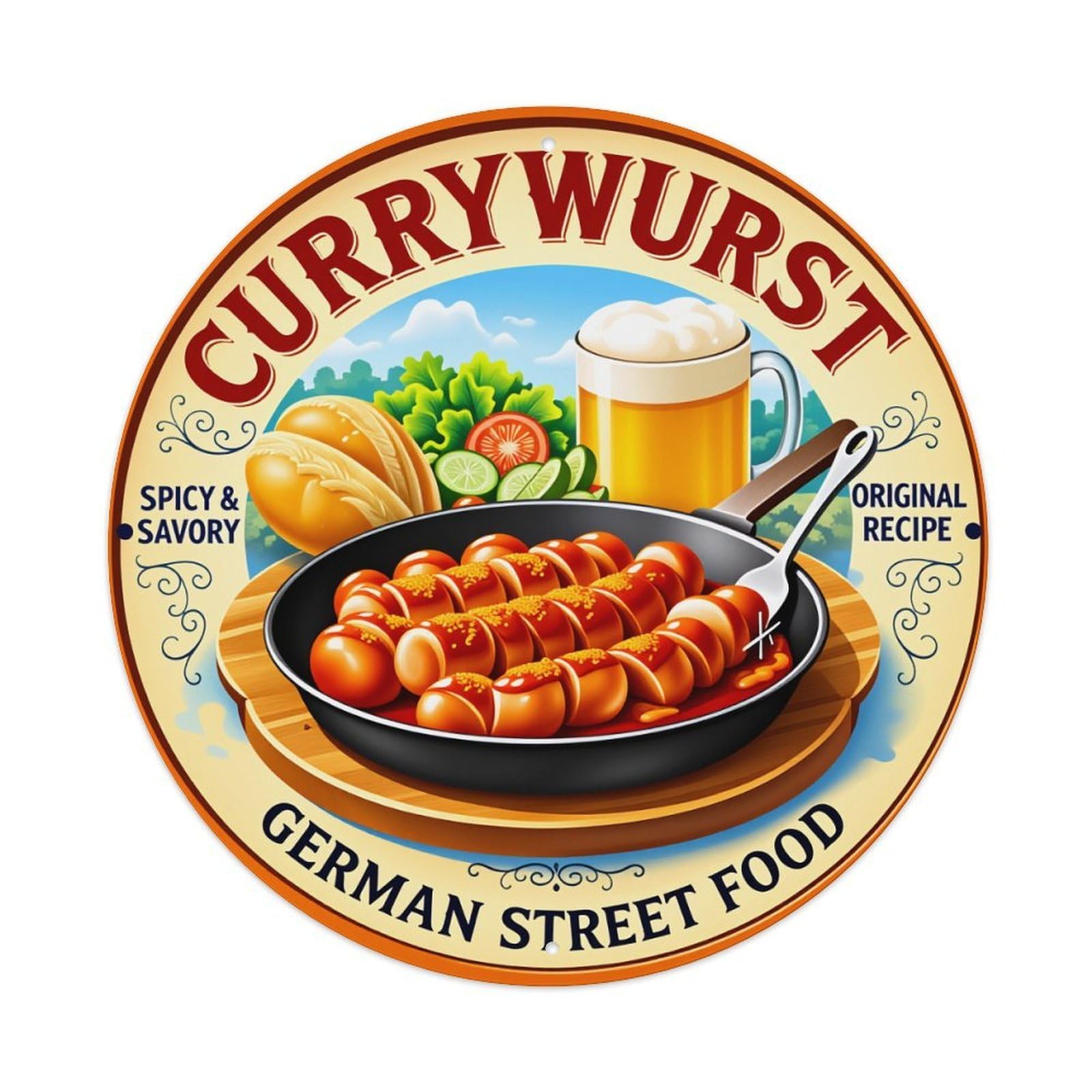 Currywurst Sausage Sauce Bread Beer Metal Tin Sign Vintage Garden Bedroom Cafe Bar Man Cave Home Wall Decor Metal Poster 8x8 inches