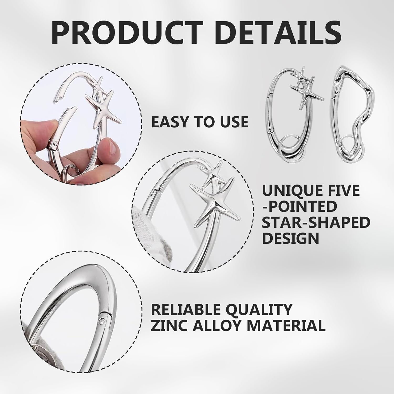 Y2k Cool Carabiner 2pcs Extra-Large Shiny Chrome Karibiner, Cute Star Steel Heavy Duty Starfish Carabiner Belt Loop Clip Irregular Fashion for Men&Women Backpacks Keys Purse Charms Gifts - Image 3