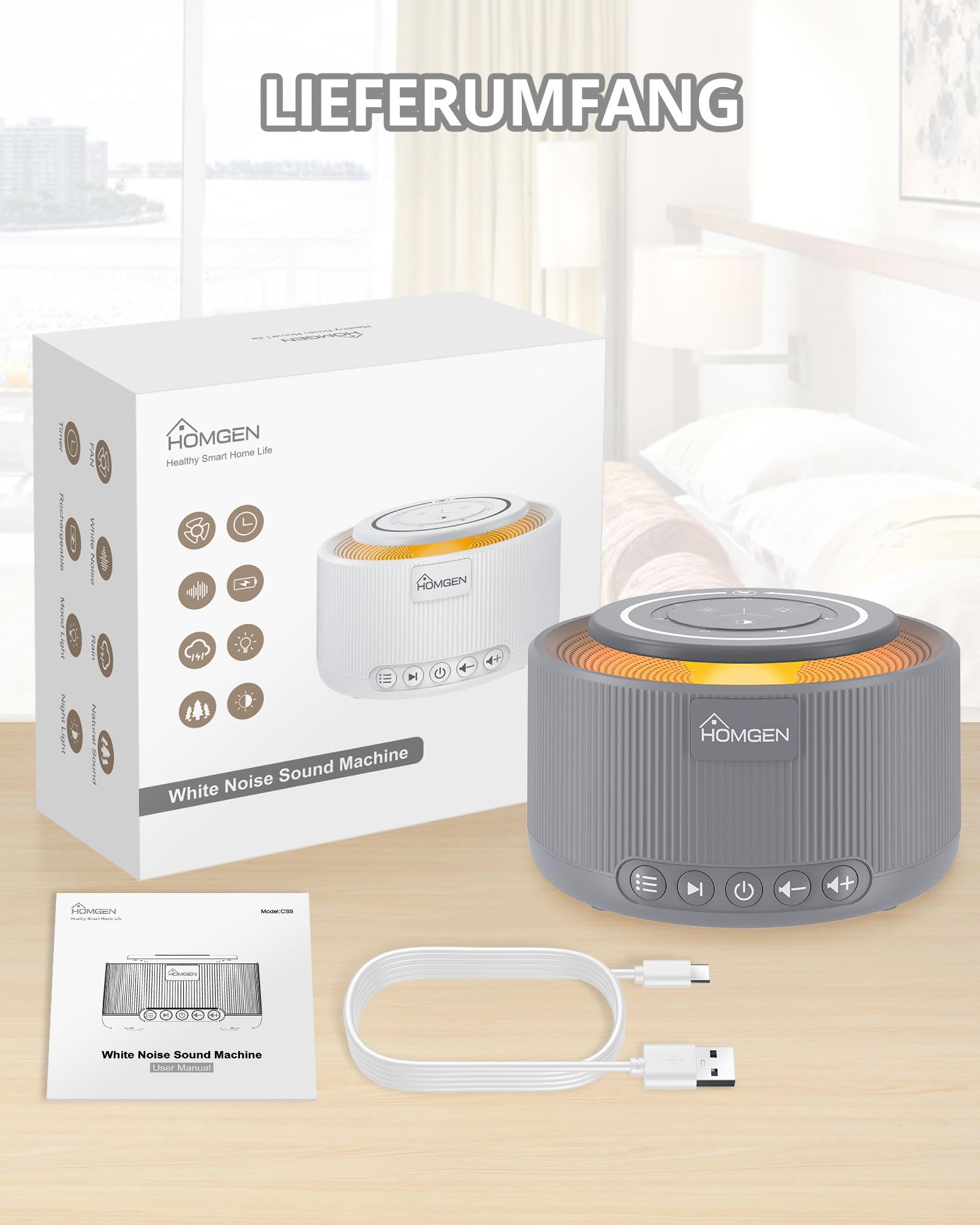HOMGEN White Noise Machine Weißes Rauschen Maschine Einschlafhilfe Baby Erwachsene 30 Klänge & 30 Stufen Lautstärke Timer Speicher Touchpanel mit 3,5 mm Audiobuchse Schlafen Entspannen
