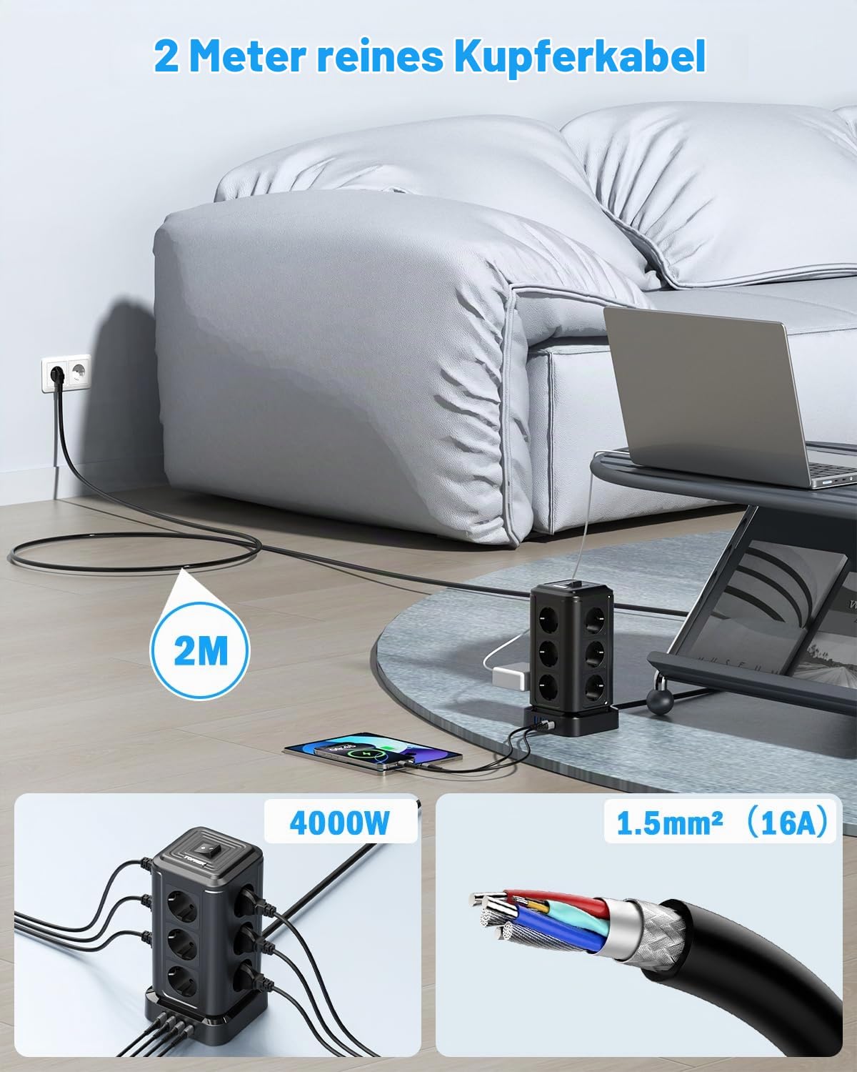 TOPREK Steckdosenturm USB C, Mehrfachsteckdose Überspannungsschutz PD 20W | 20W USB C Schnellladen, 3680W/16A Steckdosenleiste, Steckdose mit Schalter für Büro Küche Tisch, Schwarz 2M