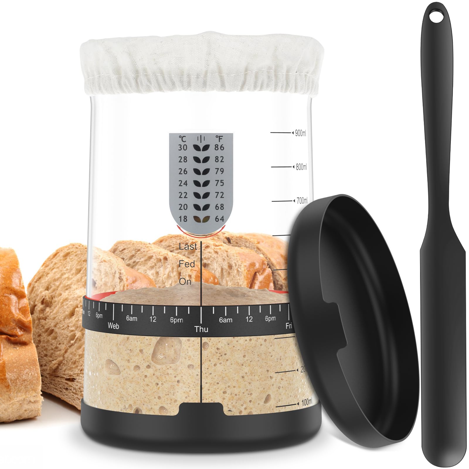 Nihuifdpy Set 6 Sourdough Starter Jar Kit 6Pcs 900Ml Glass Sourdough Starter Kit With Thermometer, Wooden Lid, Cloth Cover, Rubber Ring, Silicone Spatula, Reusable Sourdough Bread Baking Supplies, Home Baking Supplie