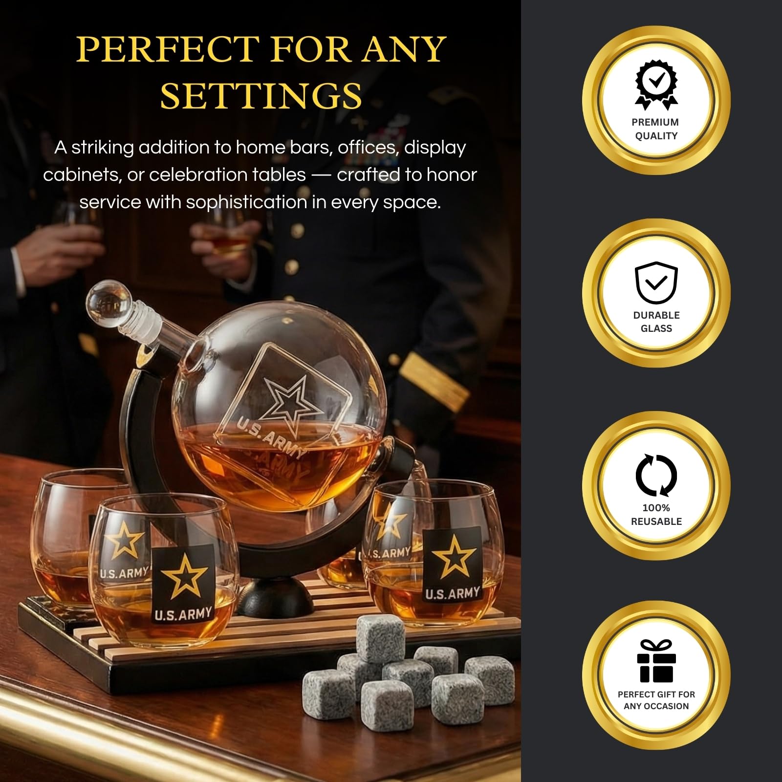 Zestaw karafek do whisky US Army Globe z 4 szklankami na alkohol - drewniana podstawa flagi i 9 kamieni do whisky, zestaw upominkowy dla weterana sił zbrojnych - prezenty dla mężczyzn, na Dzień Ojca