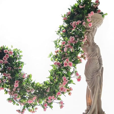 Amazon 造花 ソフト 42輪の花 薔薇 ローズ ガーランド 全長1 8m ２本セット 薔薇 バラ ばら 人工観葉植物 アーティフィシャルフラワー つた ツタ 蔦 アレンジ 装飾花材 ピンク 造花 オンライン通販