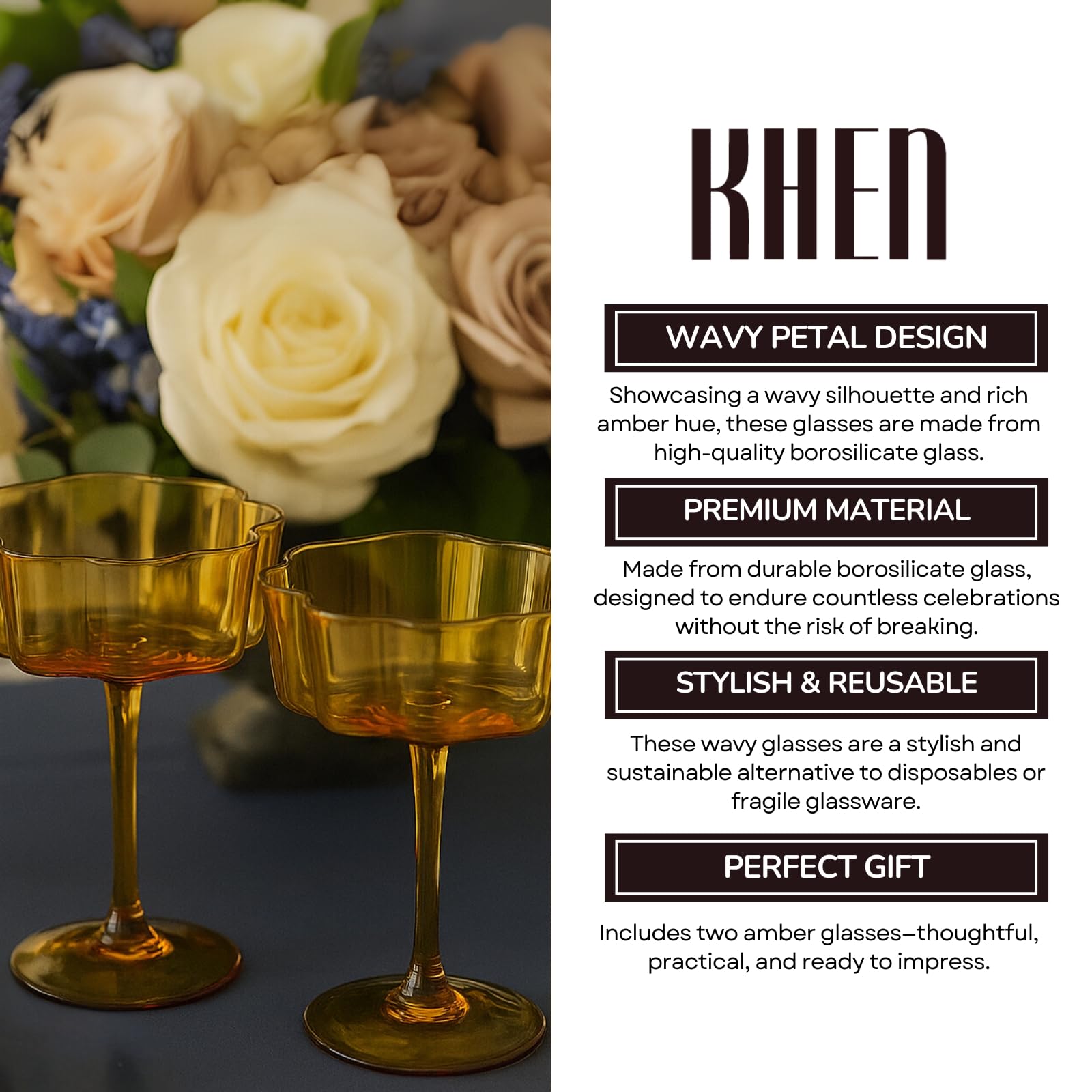 Khen Venus Glasses Luxury Glassware - Set of 6 - Everyday, Winter Gift Her, Mom, Wife, Girlfriend, Special Celebrations Drinkware, Textured Glass, Brown Style Amber Colored -Champagne Flute 6oz