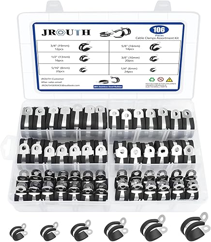 Kit surtido de 106 abrazaderas de cable, (0.23 a 0.79 pulgadas) - Abrazadera de tubo aislada acolchada de acero inoxidable 304, abrazadera de bucle,