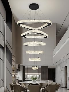 Modern Crystal Chandeliers for High Ceiling 6 Ring Chandelier LED Black Ceiling Lights Fixtures High Ceiling Chandelier for