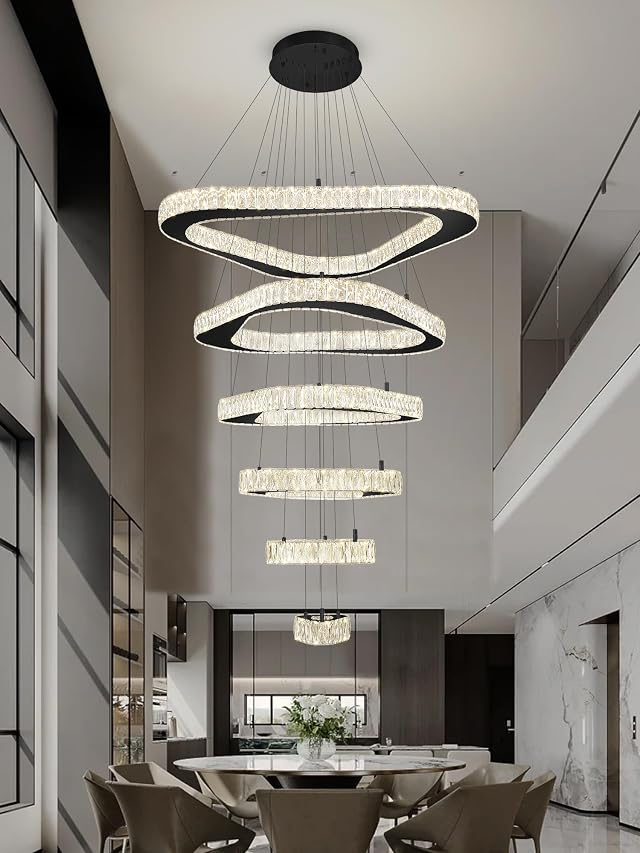 Modern Crystal Chandeliers for High Ceiling 6 Ring Chandelier LED Black Ceiling Lights Fixtures High Ceiling Chandelier for