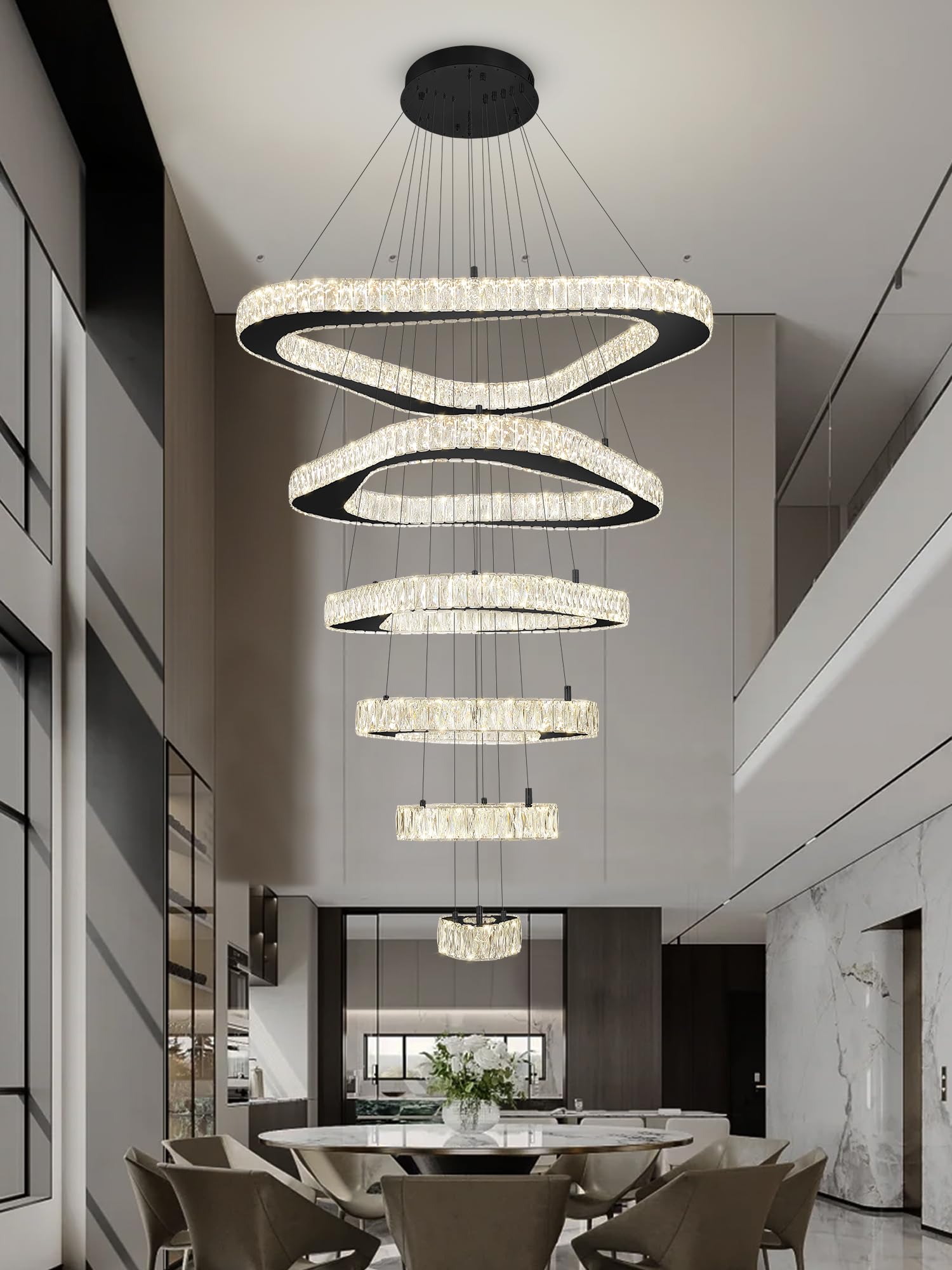 Modern Crystal Chandeliers for High Ceiling 6 Ring Chandelier LED Black Ceiling Lights Fixtures High Ceiling Chandelier for