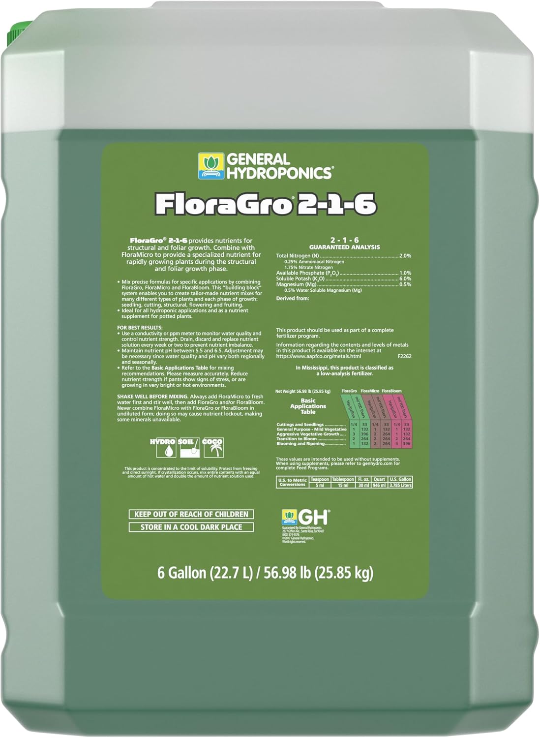 General Hydroponics FloraGro Plant Food, 2-1-6, 6 gal.