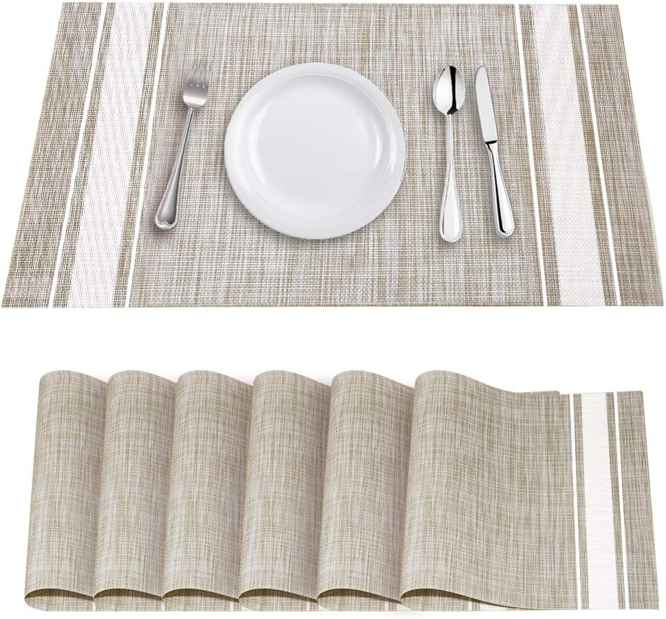 Table Mats Set of 6 Crossweave Woven Vinyl Placemats Heat Resistant Non-Slip Kitchen Placemats for Dining Table Washable Easy to Clean(White)
