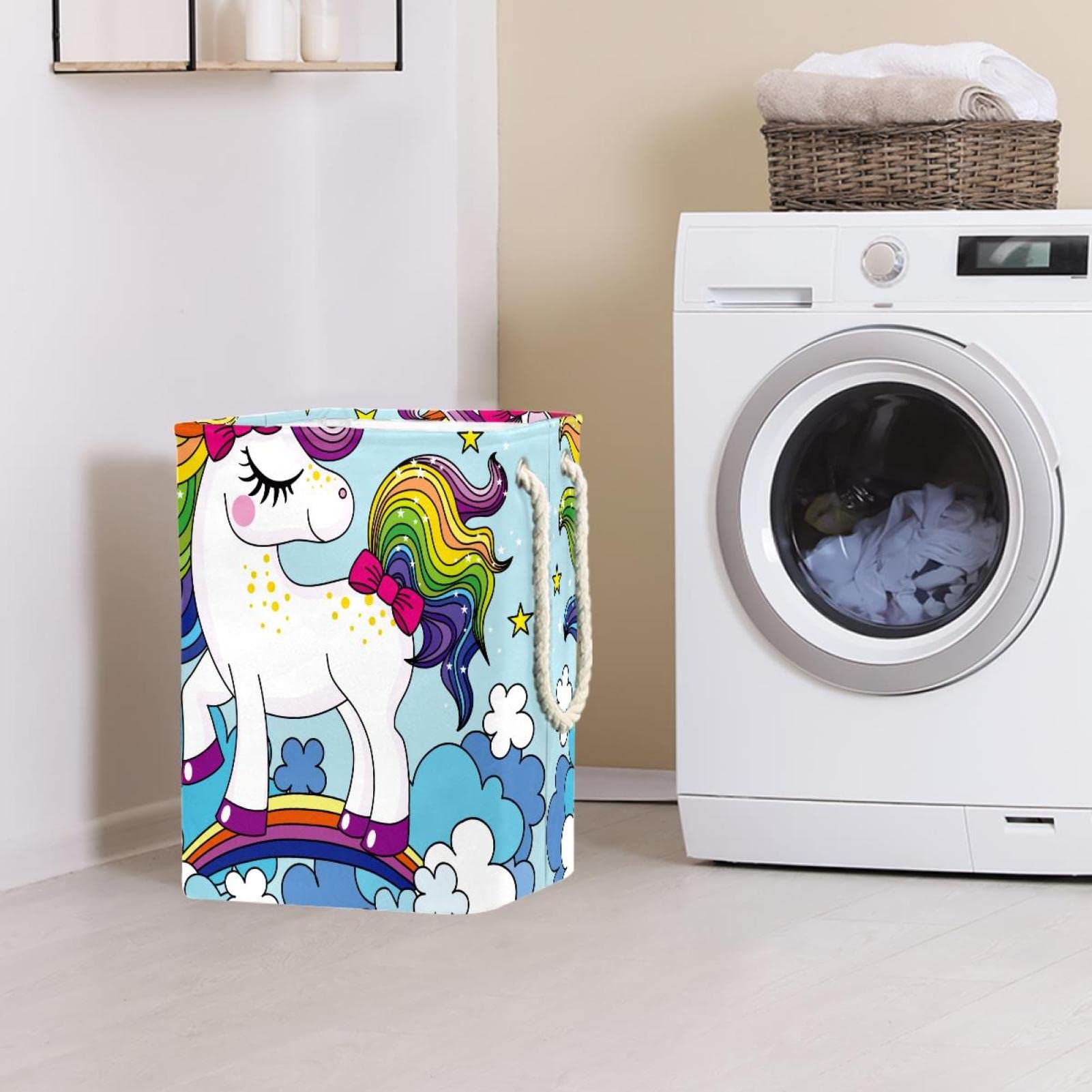 Cesta impermeable para la ropa sucia con asa, diseño de unicornio, color azul