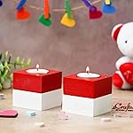 eCraftIndia Square Shape Wooden Tea Light Candle Holders(Red White, Set of 2) | Tea Light Holders for Home Decoration | T Light Candle Holders | Valentine’s Day Decoration Items | Valentine Day Gifts