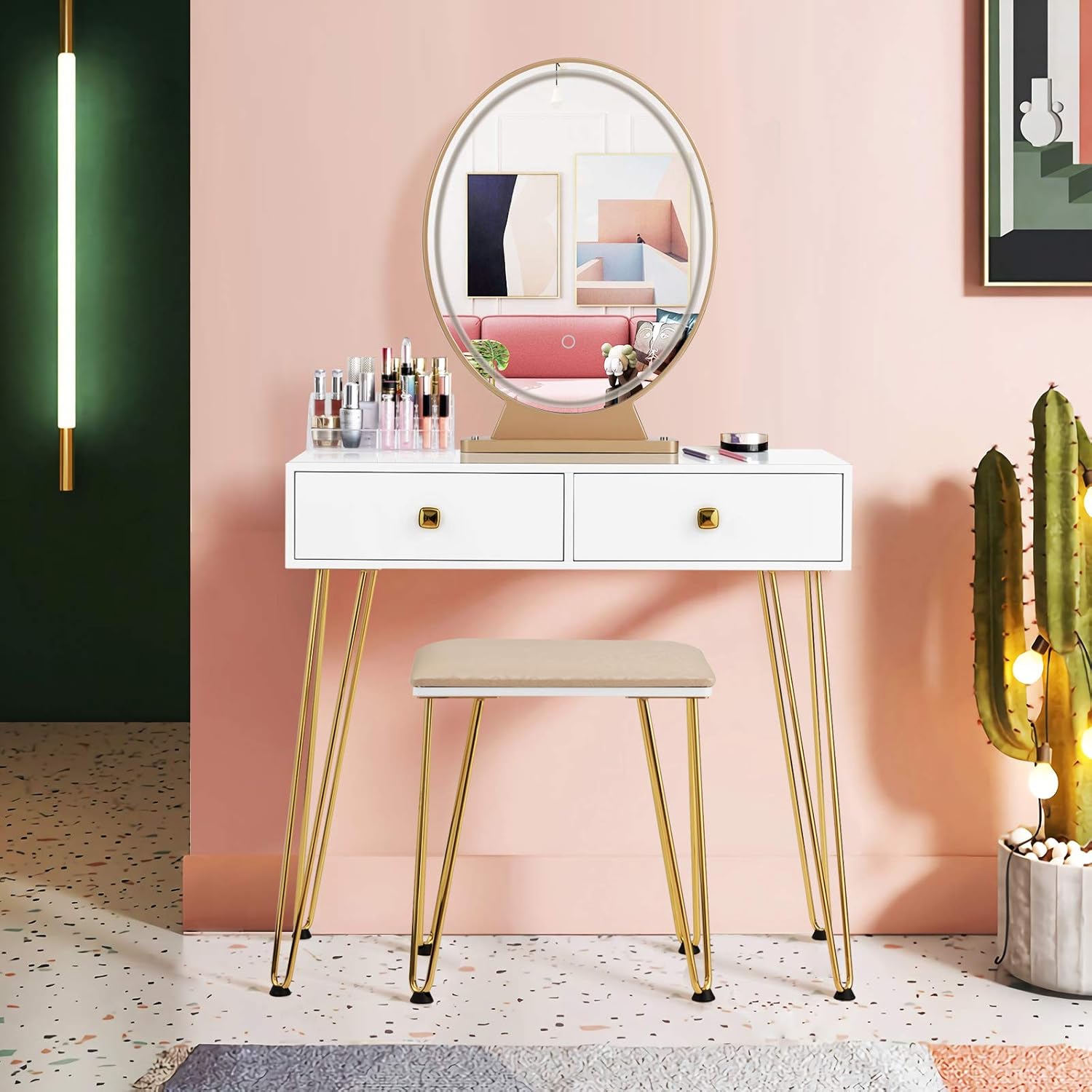 LDAILY Makeup Vanity Desk with Mirror and Lights, Vanity Table with 3 Modes Adjustable Lighted Mirror, Stool and 2 Drawers, Modern Makeup Desk for Small Space, Ideal Gifts for Girls (White)