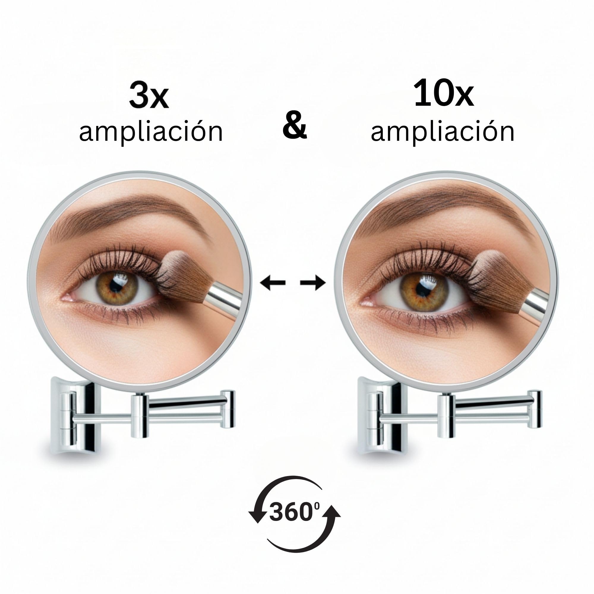 Imola Espejo de Aumento de Pared – Espejo de Maquillaje Giratorio 360° – Espejo Doble Cara para Afeitar con Aumento 3X y 10x – Brazo Extensible de Metal, Ø 19 cm (Cromado 3X / 10x)