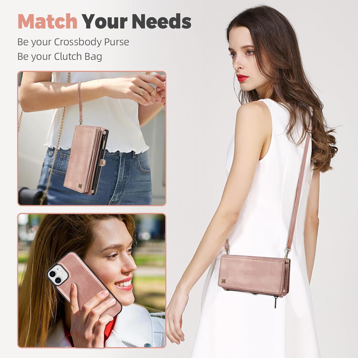 for iPhone 11 Wallet Case(Holds Lipstick, Headphones, etc.),2-in-1 Multi-Functional Portable Magnetic Faux Leather Phone Case with RFID Blocking,Shoulder Strap and Wrist Strap(Rose Gold)