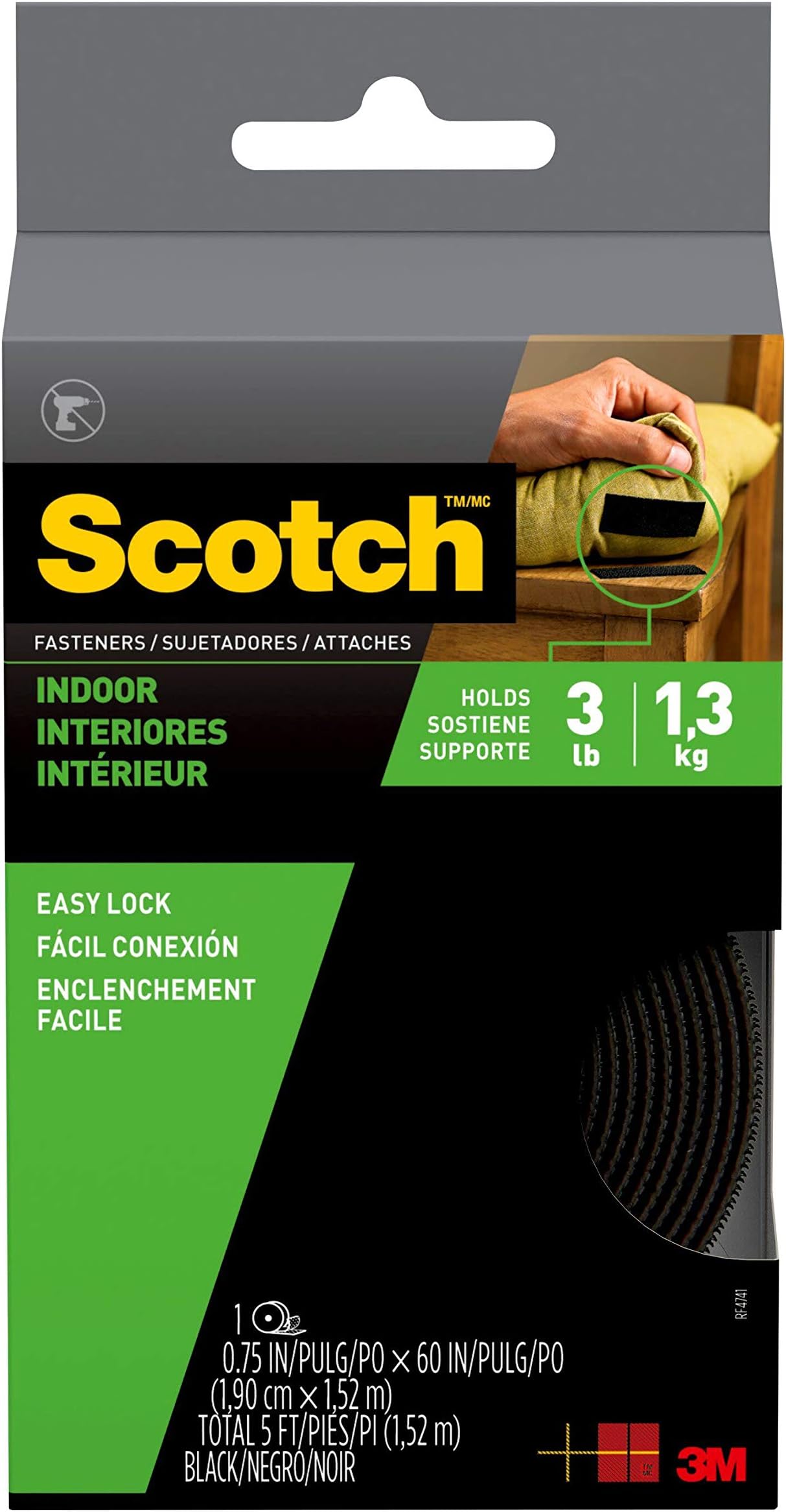 ScotchMount Indoor Fasteners 0.75 in x 60 in (19mm x 1.52m), 1 set of strips (2 rolls)/pack | Holds up 0.45 kg per 2.5cm | Black color | Multi-Surface | Easy to use | No Tools