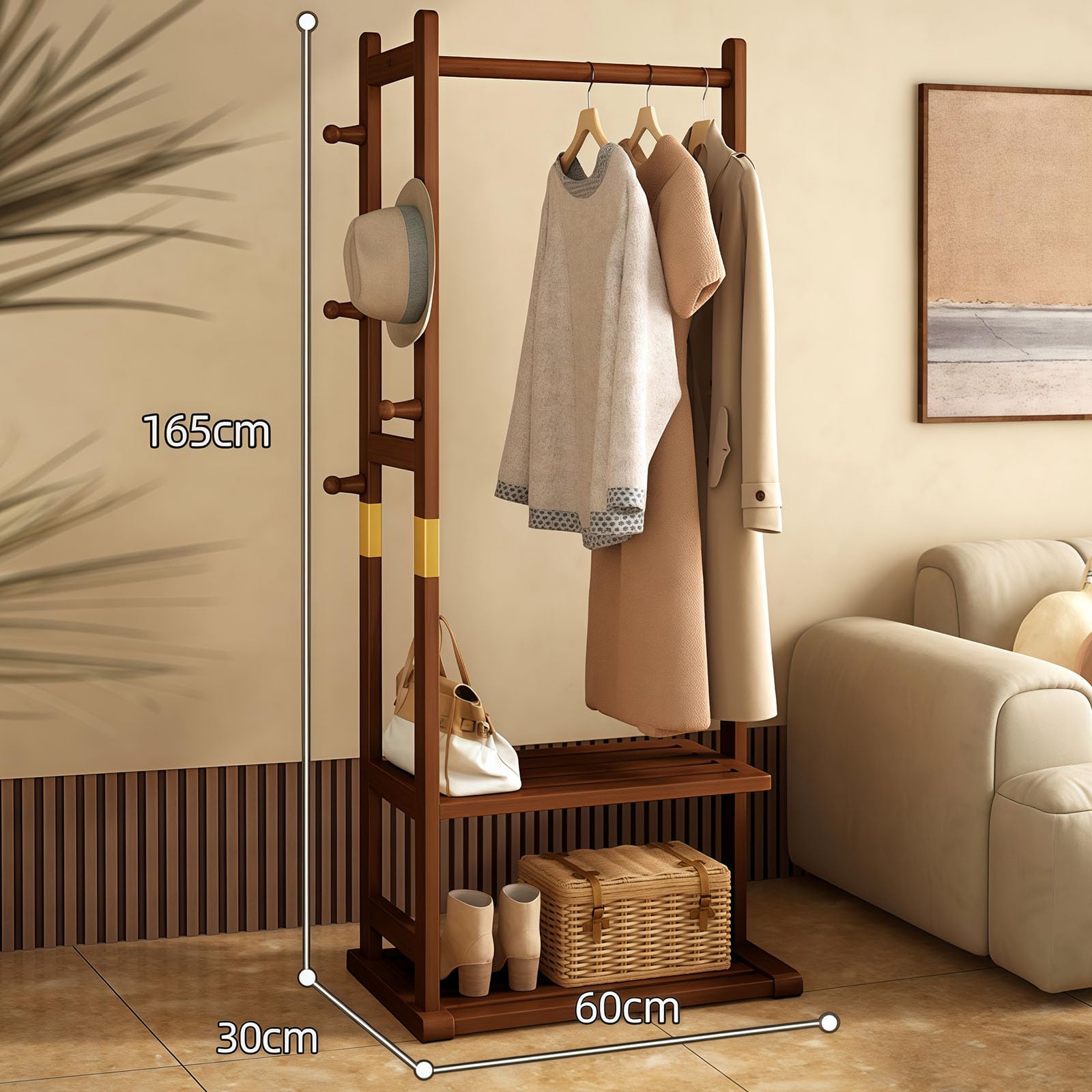 Perchero resistente de madera maciza con estantes de almacenamiento y ganchos para colgar ropa, sombreros, carteras, independiente para pasillo y dormitorio