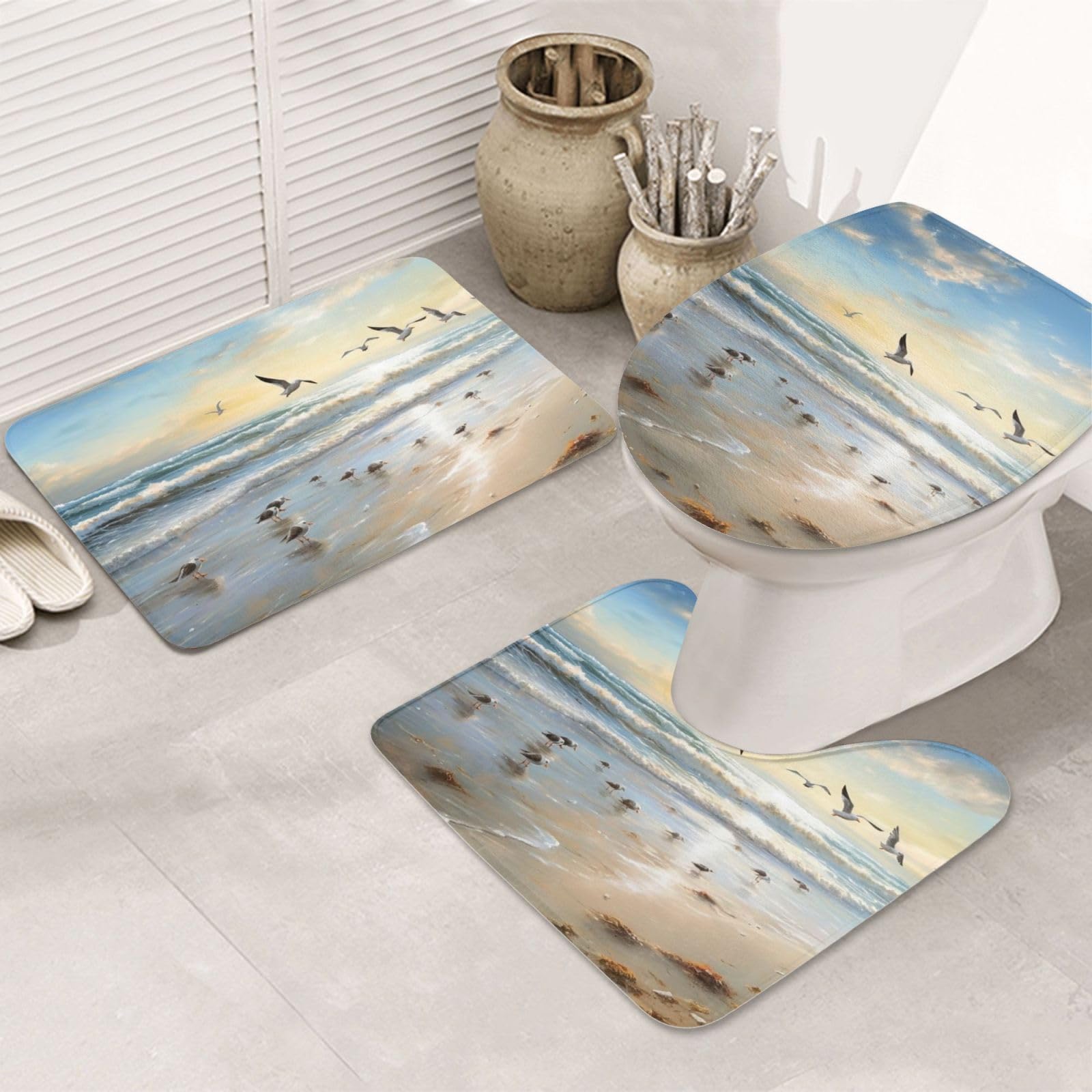 QMNEHJ Bathroom Rugs Sets 3 Piece Absorbent Bath Mat for Bathroom Non-Slip U-Shaped Contour Toilet Rug The Beach with Sea Birds Floor Mats Washable