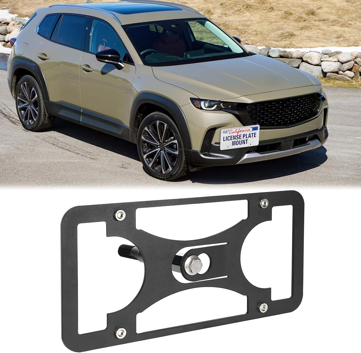 Front Bumper License Plate Mount Compatible with Mazda CX-50 2023-2025, No Drill Front License Plate Frames Tow Hook License Plate Bracket Holder Car Accessories Durable Car Tag Mounting Holder