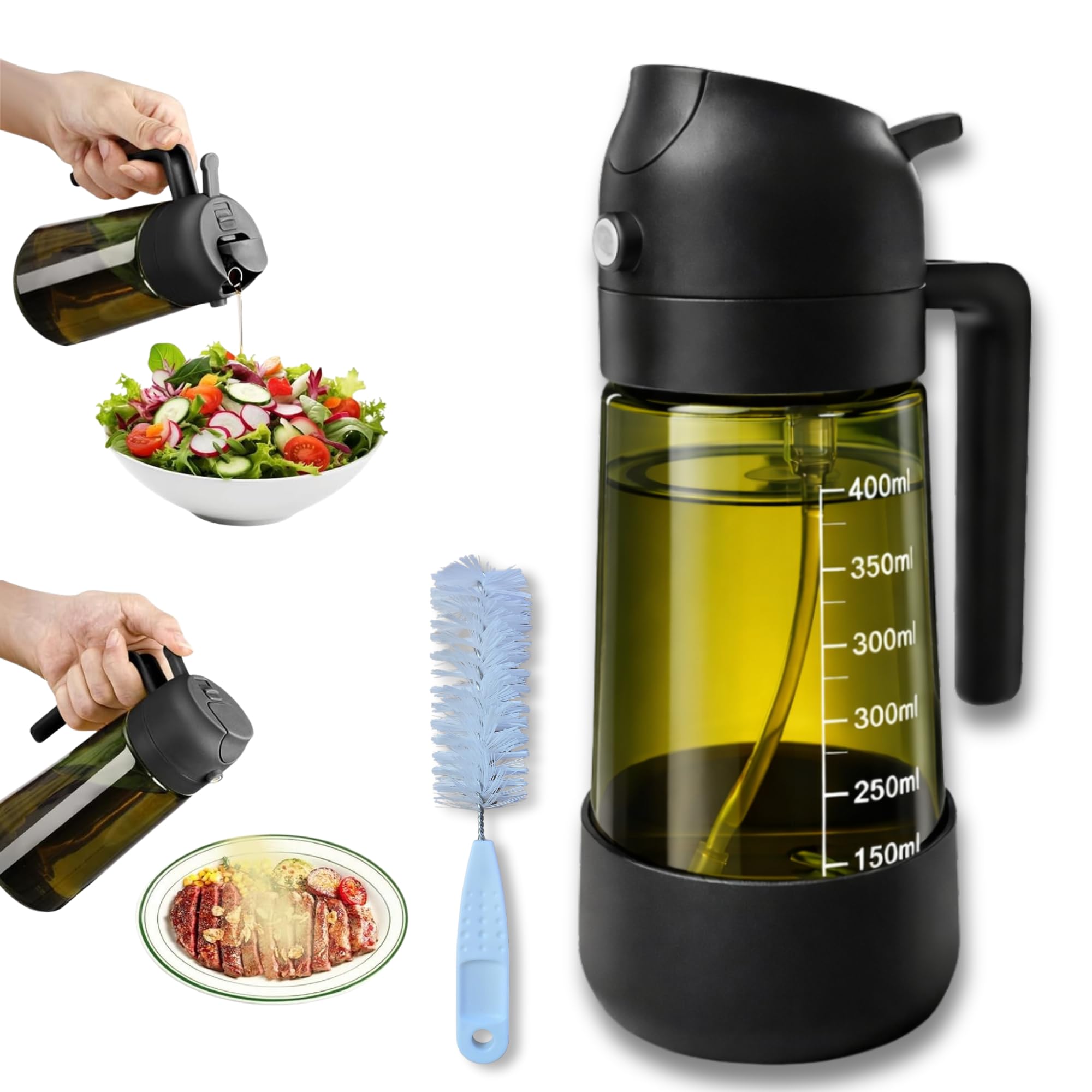 Oil Spray, Oil Spray, 2 in 1 Kitchen Oil Spray, Green Glass Anti UV with Silicone Sleeve, Oil Dispenser for Air Fryer, Salads and Barbecue