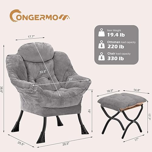 Miniatura 3 de Silla perezosa con otomana plegable, sofá de ocio, sillón de tela suave con reposabrazos y bolsillos laterales, silla de lectura con reposapiés para