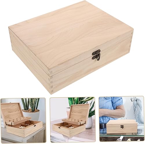Miniatura 8 de Joyero sin terminar de madera para manualidades, caja de almacenamiento de madera, joyero de recuerdo con cierres de bloqueo para anillos, aretes,