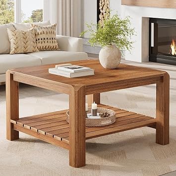 Round Coffee Table, 31.5" Farmhouse Solid Wood Coffee Table with Storage, 2-Tier Boho Circle Center Accent Furniture for Living Room, Natural Brown