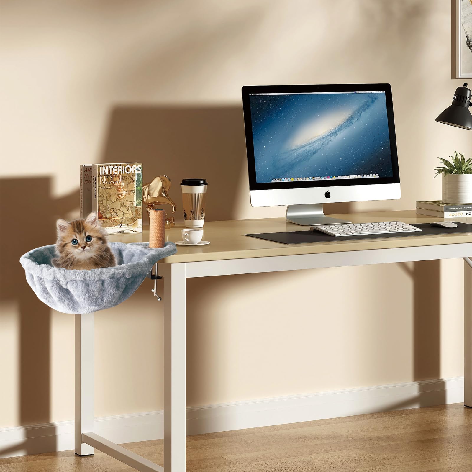 Cama Para Gatos Para Escritorio Con Árbol Para Rascar, Hamaca, Cesta, Cama De Felpa Gris, Diámetro 30 Cm Hasta 10 Kg