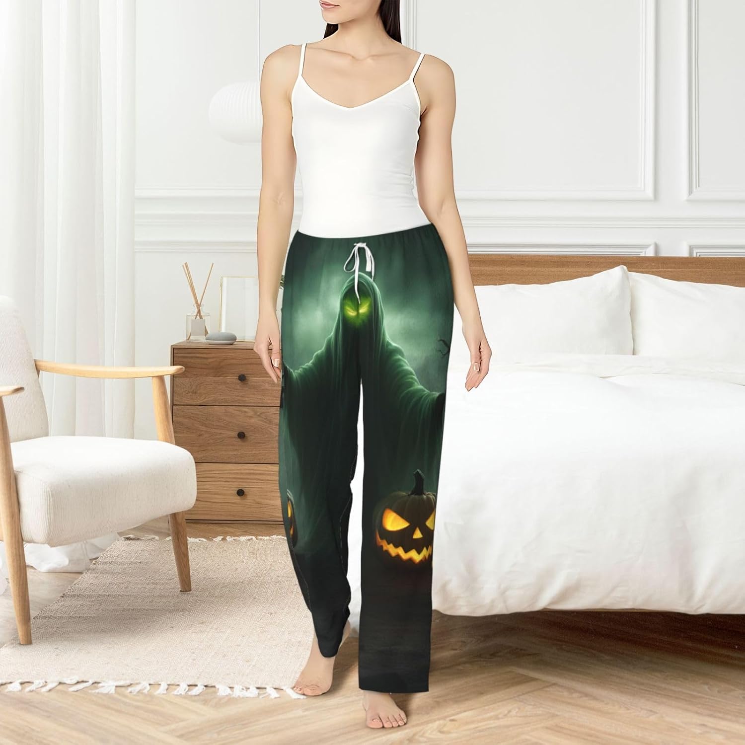 Green Ghost Horror Halloween Pumpkin Print Women'S Flannel Pajama Pants,Soft Warm Pajama Bottoms,Perfect For Holiday Lounging