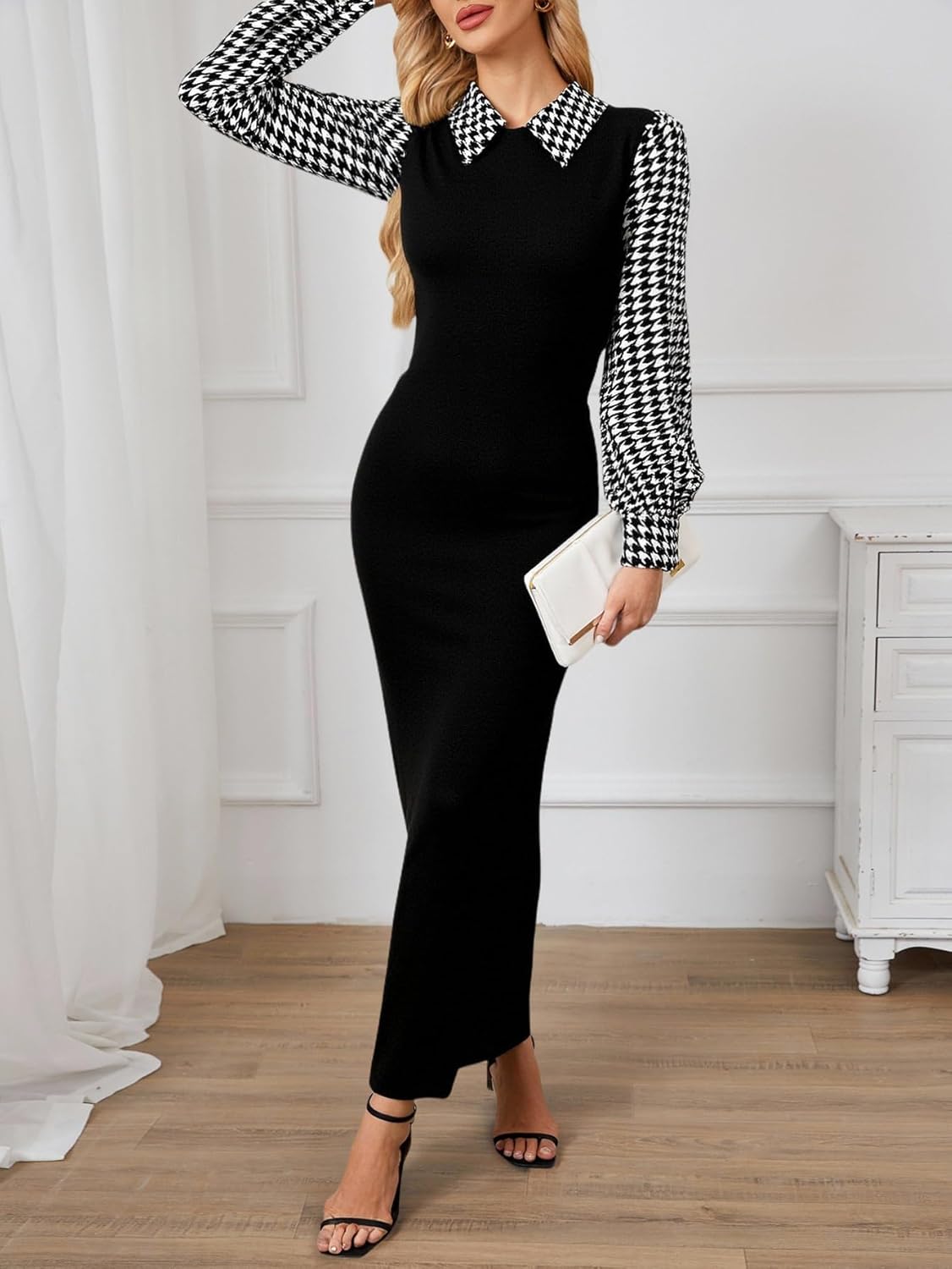 Women's Elegant Houndstooth Puff Sleeve Cocktail Dresses Collared Bodycon Maxi Business Casual Dress - Image 4