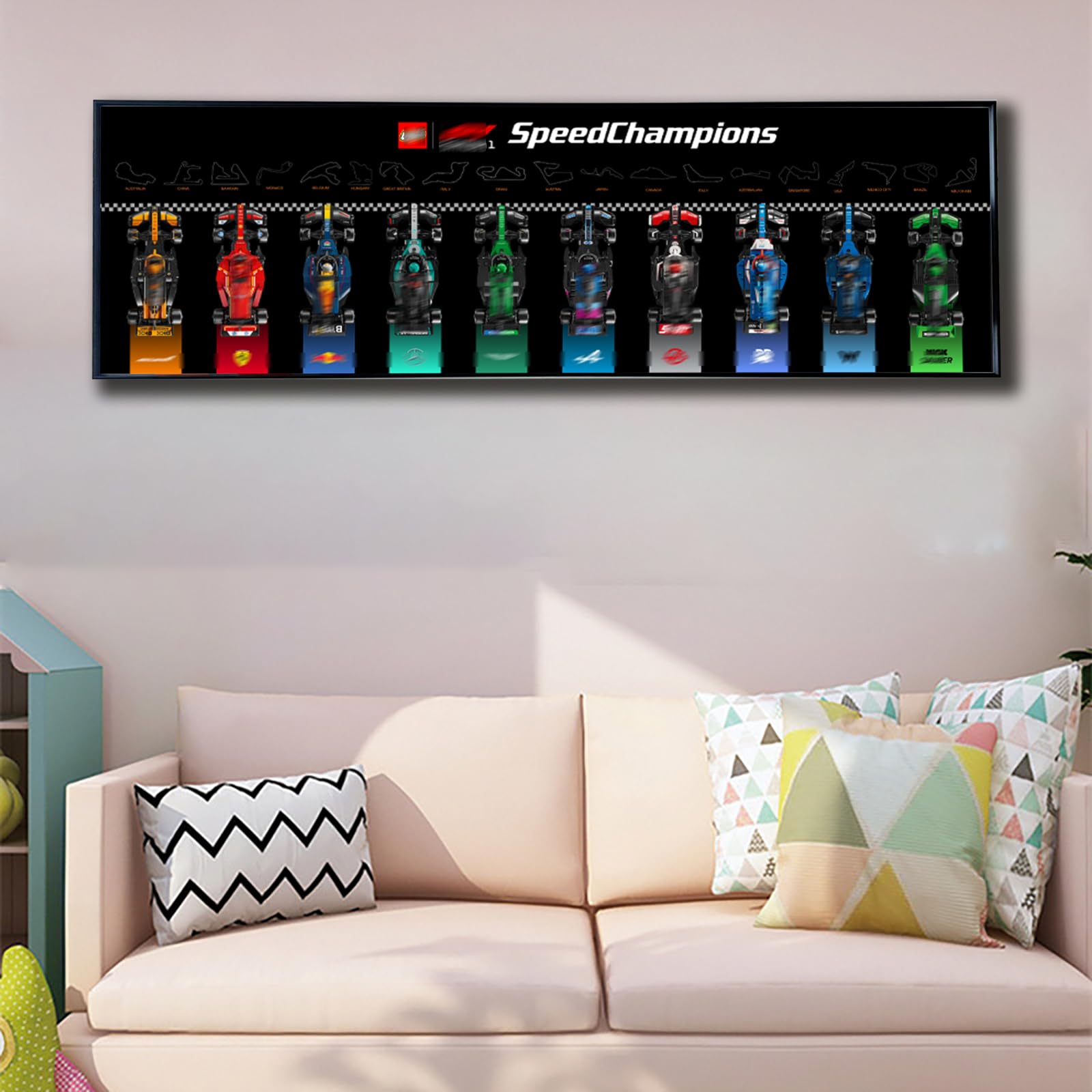 Magnetyczny uchwyt do ściennej wystawy dla Lego F1 Speed Champions – kompatybilny z 10 magnetycznymi samochodami wyścigowymi, dla fanów Lego (tylko płyta ścienna). (Światło LED - Speed Champions)