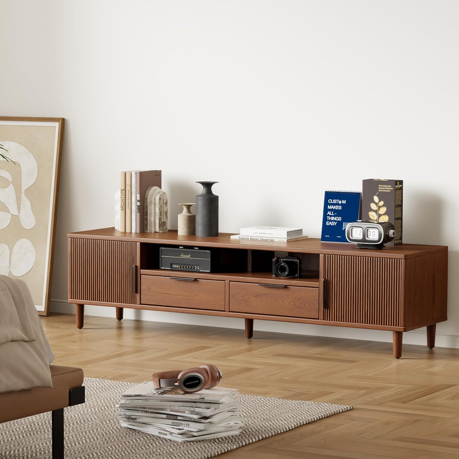 Mid Century Modern TV Stand for TVs Up to 70 in- Wooden Fluted Entertainment Center Low Profile TV Console with 2 Cabinet, Drawers and Shelf, Media Console for Living Room