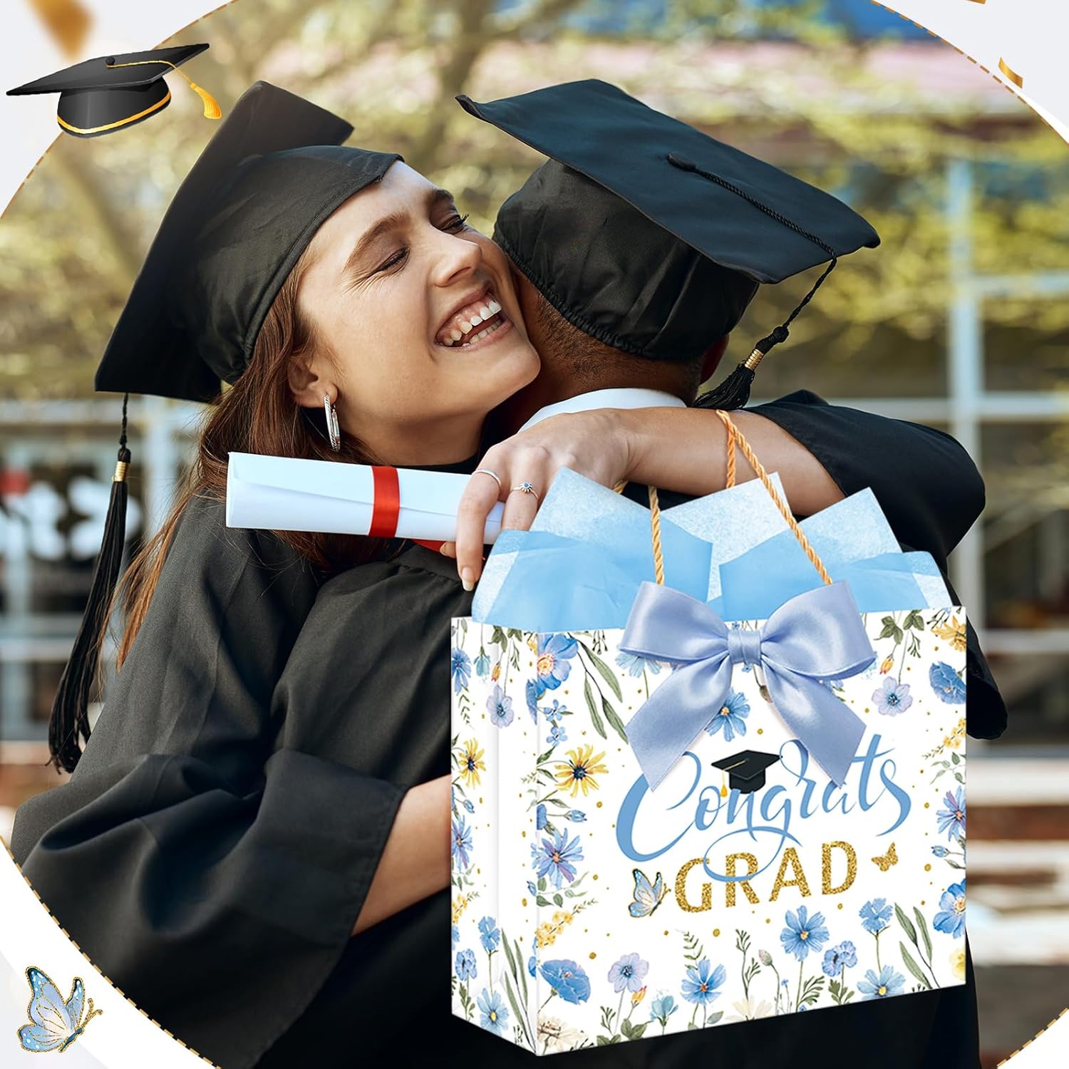 Maitys 12 Pack 13" Large 2026 Graduation Gift Bags Bulk with Handle, Tissue Paper, Card, Ribbon Blue Gold Class of 2026 Congrat Grad Wildflower Paper Wrapping Bag for College Graduation Party Supplies