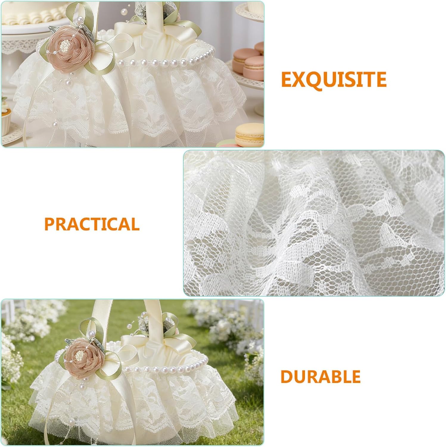 Flower Girl Basket for Wedding with Pearl Handle and Lace, Handheld Flower Basket for Bridal Ceremony and Party Decoration