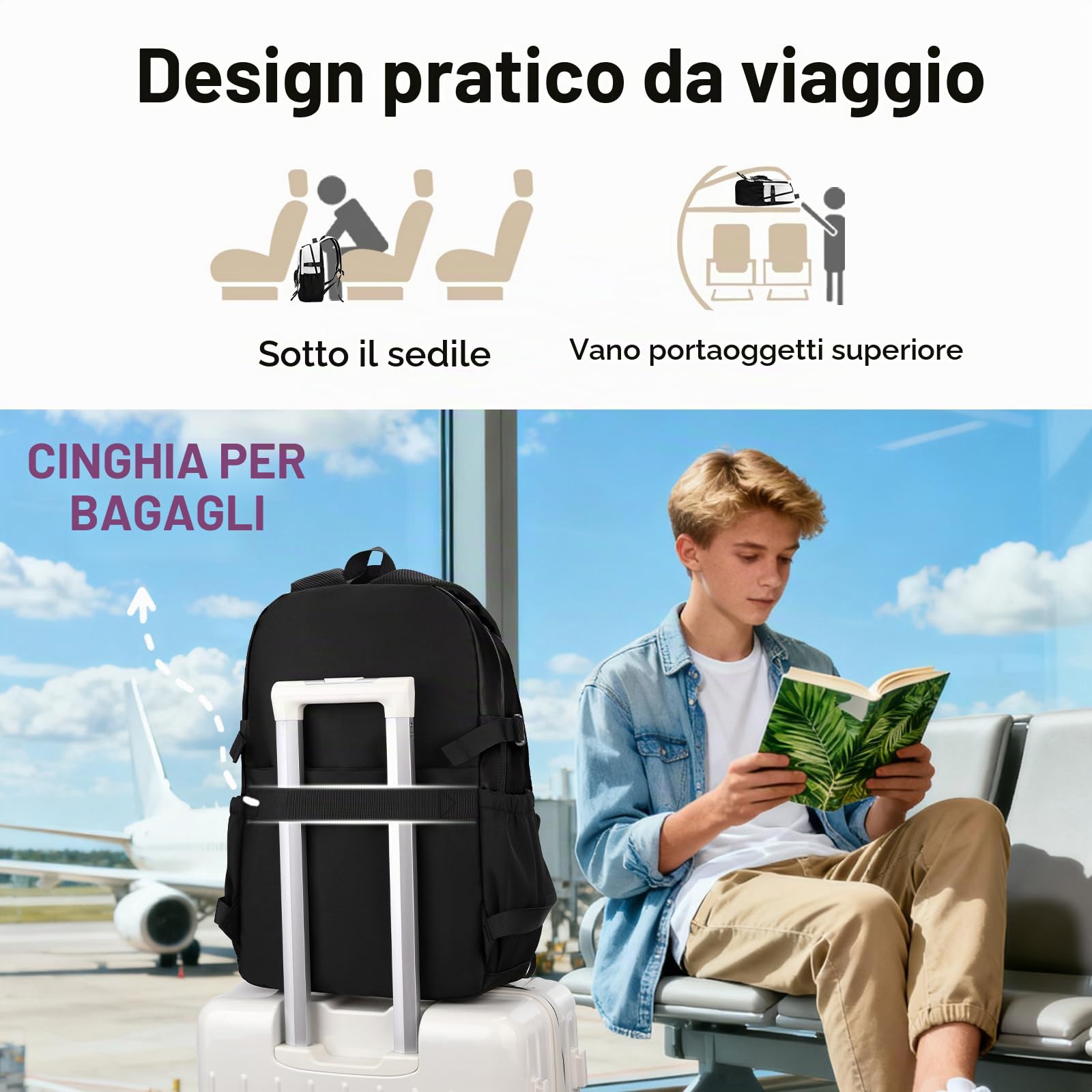 Amythe Zaino per Ragazzi, Zaino Scuola Media Superiore 30L Impermeabile, Zaini Casual Moda Nero Uomo per Laptop 15.6", Ideale per Rientro Scolastico, Natale, Viaggi e Campeggio