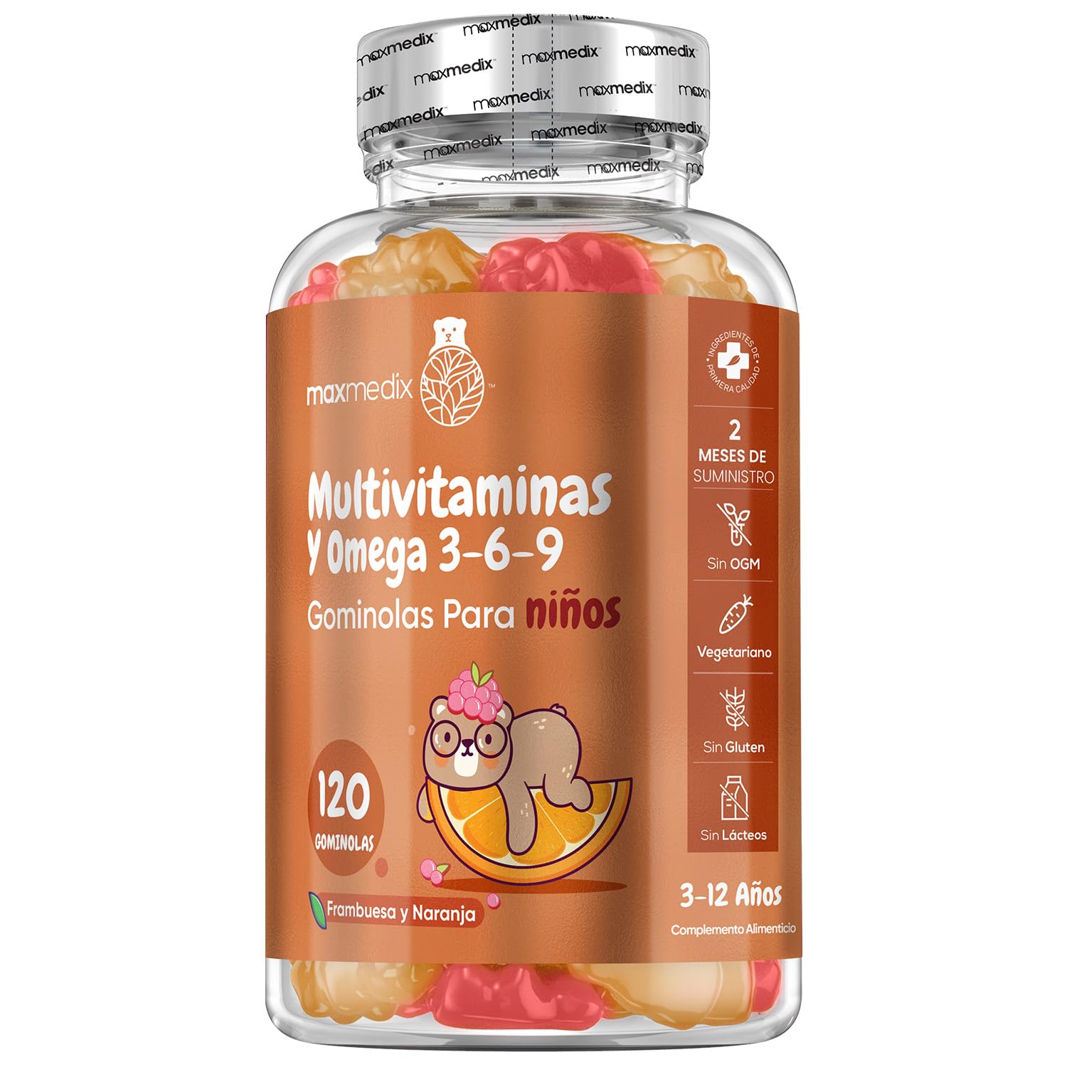 Gominolas Multivitaminas y Omega 3 6 9 Para Niños Sabor Frambuesa y Naranja 120 Unidades - Complejo con 17 Vitaminas y Minerales Apoyo Natural Para Sistema Inmunitario y Defensas, Para 2 Meses