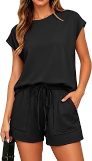 Timuspo Two-Piece Women's Summer Casual Loose Tracksuit Plain Sports Suit Crew Neck Cap Sleeves Short Sleeve and Elastic Waist Shorts with Pockets XL black