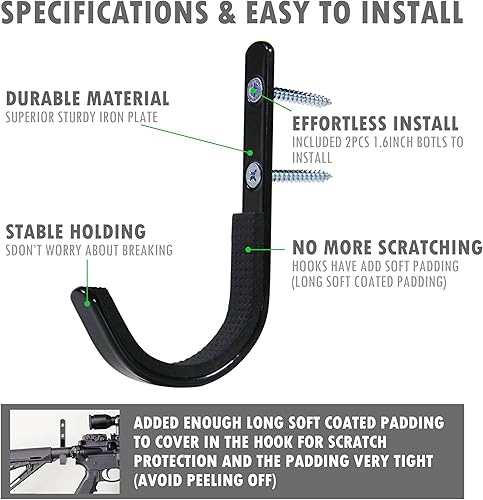 Miniatura 4 de Paquete de 6 ganchos de montaje en pared para rifles, rifles de almacenamiento, rifles, escopetas, arco de tiro con arco con acolchado suave y acero